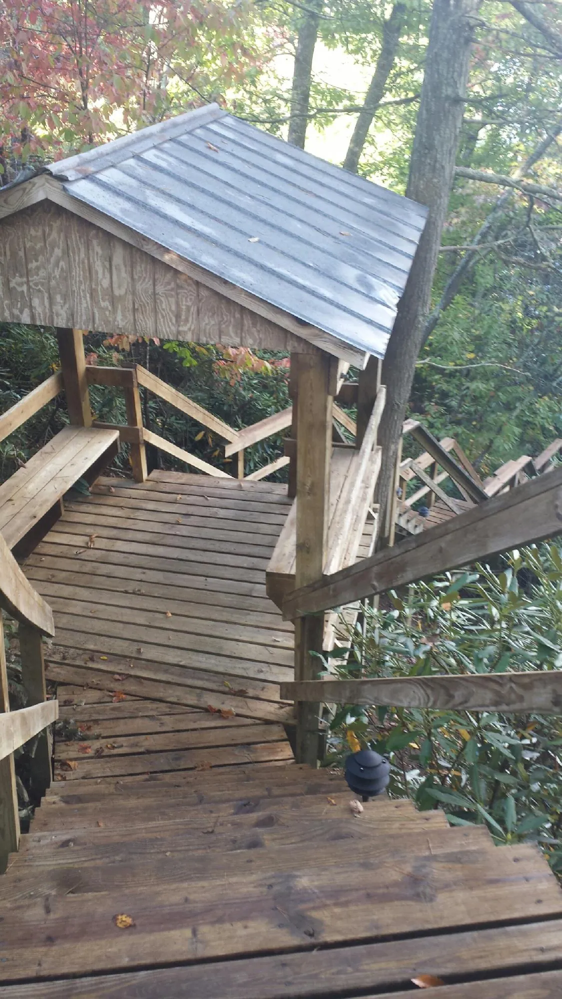 Metal roofed shelter over wooden steps on a wooded walkway — Skylight Repair & Installation work by our crew in Mentcle